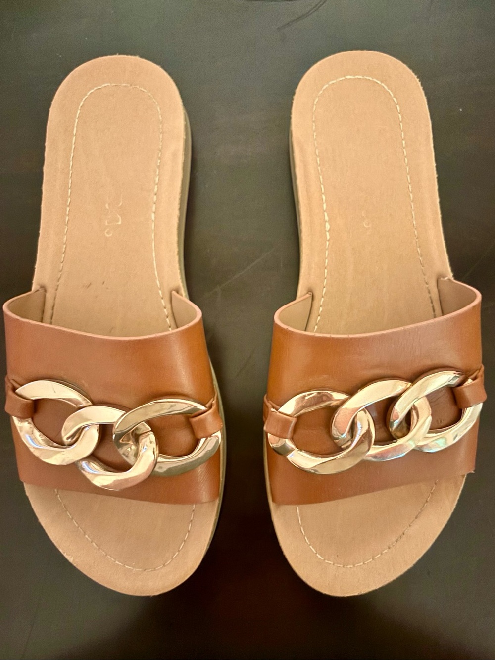 Soda Brown Slide Sandals with Gold Chain Accent